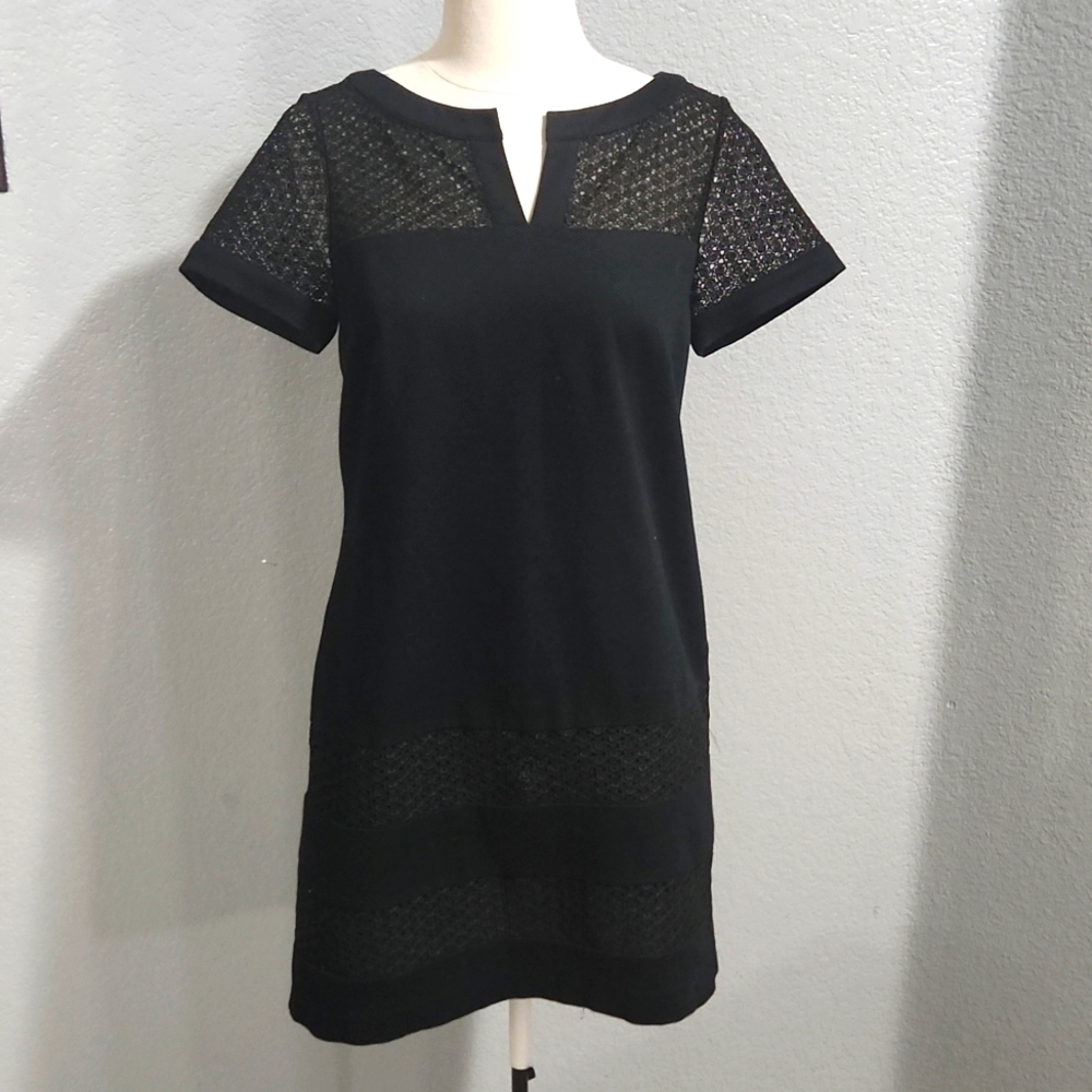ANN Taylor Black Linen and Crochet Short Sleeve Dress Size 2. Business / Casual.